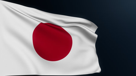 Japan flag. Tokyo sign. Asian country. Japanese official patriotic symbol of celebration of National Foundation Day, February 11. Realistic 3D illustration with cotton texture isolated on dark.の写真素材