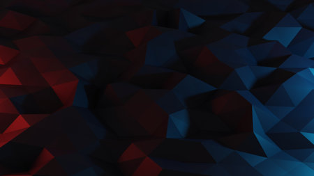Geometric background. Triangle texture. 3D art trend. Neon red blue black color gradient mosaic...