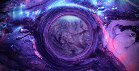Glitter ink background. Paint mix. Shimmering liquid leak round circle. Blur blue purple pink shiny...
