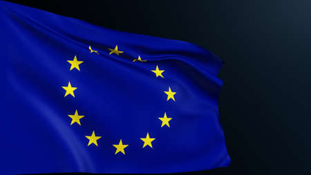 EU flag. European Union. Brussels Belgium. Council official symbol of Europe unity identity democracy international cooperation. Realistic 3D illustration with cotton texture isolated on dark.の写真素材