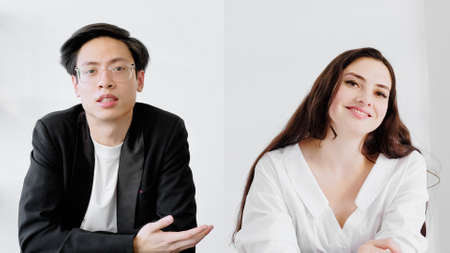 Online conference. Video interview. Corporate telecommuting. Screenshot of diverse business colleagues discussing work at digital office.の写真素材