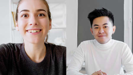 Internet communication. Video dating. Distant relationship. Web romance. Screenshot of diverse couple virtual chat online meeting.の写真素材