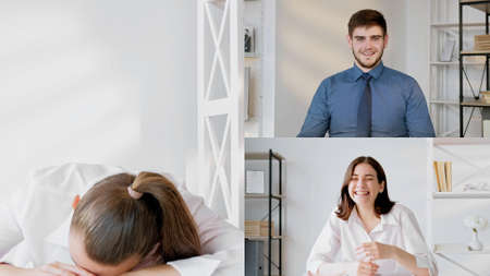 Corporate video call. Fun web chat. Remote communication. Screenshot of business team laughing...