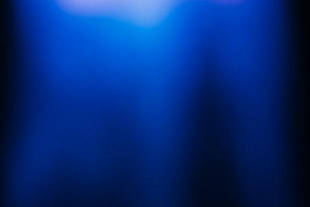 Blur glow overlay. Neon light flare. Futuristic glare. Defocused fluorescent navy blue white color gradient rays reflection on dark abstract copy space background.の写真素材