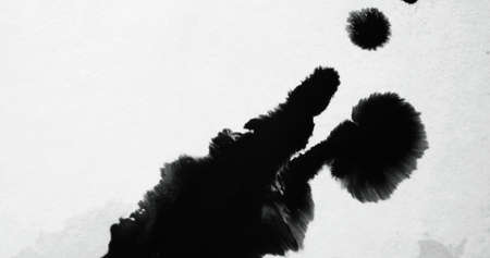 Black ink splash on white paper. Stain texture. Frayed edge overlay. Fluid paint drop blotch on uneven abstract copy space background with defocused motion blur.の写真素材