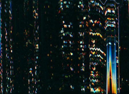 Glitch noise overlay. Bokeh light texture. Electronic defect. Defocused neon blue orange color...