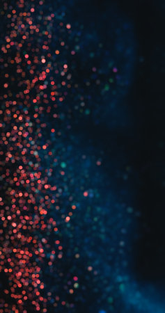 Bokeh light particles. Sparkling banner. Festive night glare. Defocused fluorescent blue red color...