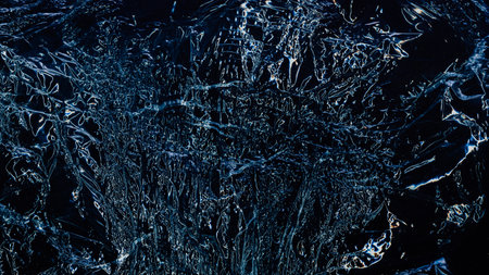 Distressed background. Crumpled noise texture. Creased plastic film. Blue white glowing wrinkles on...
