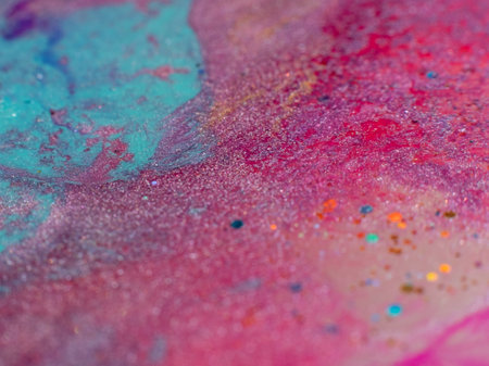 Mixing colors. Fluid magic. Creative painting. Blue pink glitter liquid paint blend