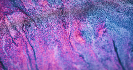 Fluorescent background. Glitter glow. Sparkles pattern. Defocused neon pink blue color shimmering particles grain texture abstract empty space poster.の写真素材