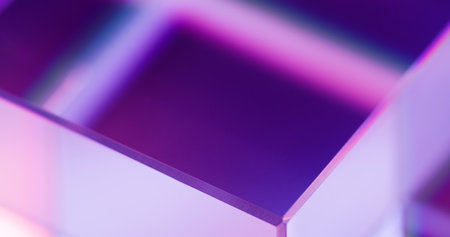 Neon illuminated background. Blur light. Glass cube angle. Defocused ultraviolet purple pink color glow modern geometric abstract empty space poster for text.の写真素材