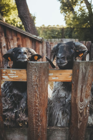 Cattle stable. Curious sheep. Natural zoo. Funny pedigreed rams with black snouts and gray wool looking up wooden fence.の写真素材