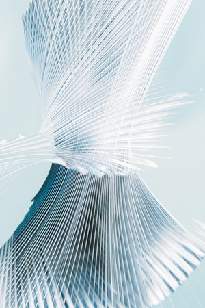 Futuristic background. Ribbed texture. Art design. Monochrome blue white color gradient holographic glowing lines structure abstract illustration wallpaper.の写真素材