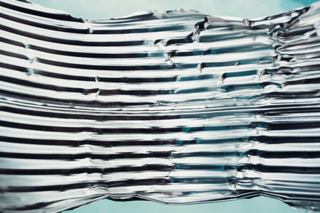 Creased texture. Grunge background. Crushed aluminum. Monochrome blue gray white color light on...