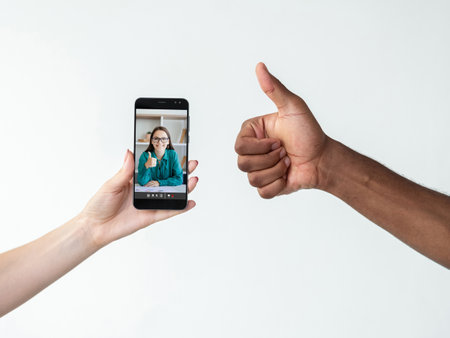 Internet feedback. Online deal. Video conference. Diverse hands showing agreement thumb up with satisfied business woman on phone screen isolated on white copy space.の写真素材