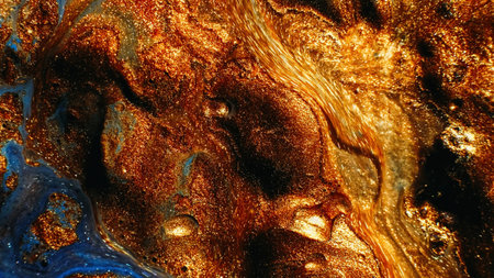 Sparkling paint. Ink mix. Fluid motion. Defocused shimmering bronze golden blue color oil bubble...