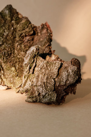 Wood bark. Nature placement. Product showcase. Cracked brown rough timber pieces composition on...