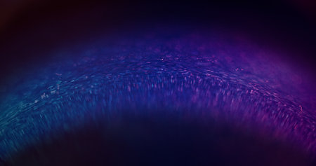 Fluorescent background. Neon bokeh light. Sparkling curve. Defocused UV blue purple color gradient glow on dark black abstract futuristic wallpaper with free space.の写真素材