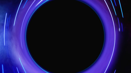 Neon background. Blur glow. Futuristic vortex. Defocused blue purple color light mist circle frame swirl on dark black abstract copy space.の写真素材