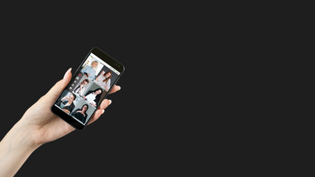 Mobile conference. Video call. Corporate telecommuting. Professional business team working online on...