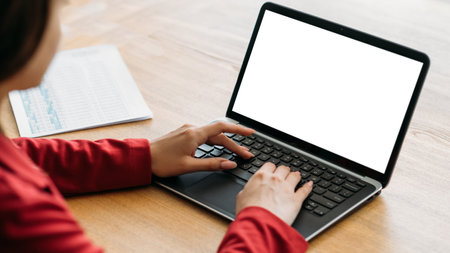 Computer mockup. Office work. Digital technology. Unrecognizable woman elegant look typing laptop...