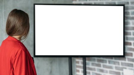 Office work. Digital mockup. Online presentation. Unrecognizable woman looking to projector blank...