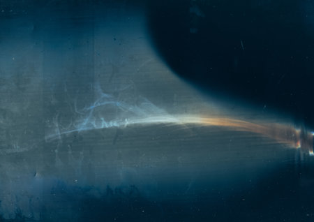 Distressed texture. Old film. Vintage overlay. Blue orange stains defect dust scratches on dark worn...