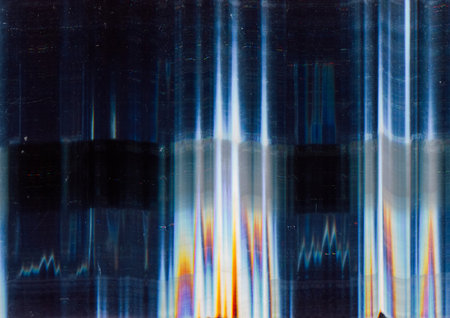 Distressed film. Glitch overlay. Light flare noise. Blue orange white color distortion stains dust...