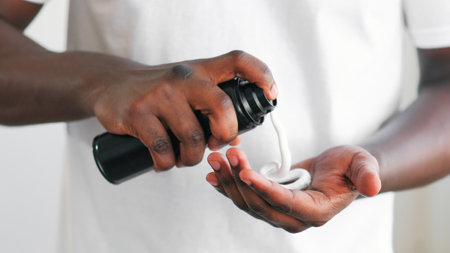 Shaving foam. Facial skincare. Grooming routine. Closeup of male hands spraying white moisturizing lotion cosmetic product to apply on skin.の写真素材