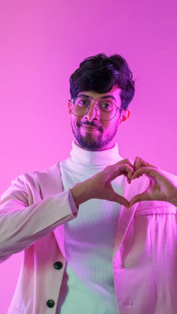 Heart gesture. Love admiration. Romantic feeling. Pink color neon light smiling handsome man in glasses showing flirt affection sign.の写真素材