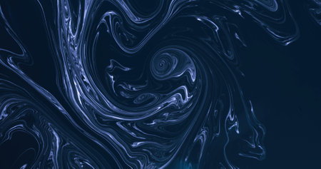Paint water. Marble swirl. Fluid blend. Dark blue white color liquid alcohol ink whirl mix wave abstract background with free space.の写真素材