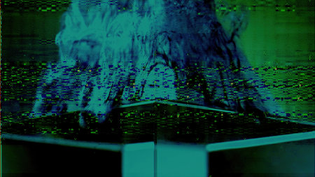 Glitch art. Analog distortion. Signal interference. Green blue color grain static noise texture on...