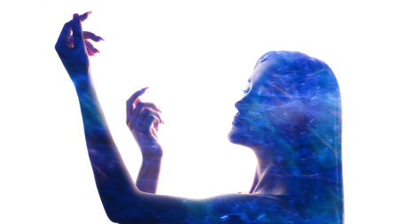 Spiritual enlightenment. Soul healing. Double exposure defocused blue color glow inspired woman face arms silhouette on white free space.の写真素材