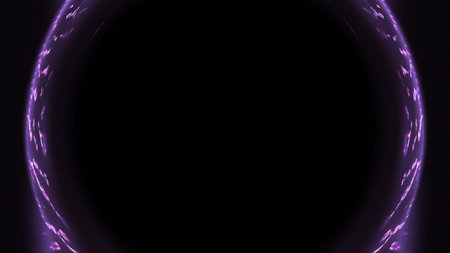 Neon glow. Round frame. Quantum portal. Defocused fluorescent purple color glitch light flare circle on dark black futuristic abstract illustration empty space background.の写真素材