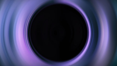 Neon frame. Blur glow. Portal hole. Defocused purple blue color gradient round circle with black copy space abstract illustration background.の写真素材