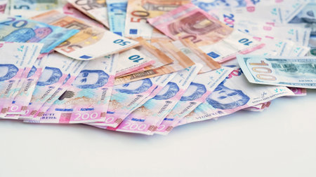 Cash money. Foreign currency. Global economy. World finance. Colorful Euro US dollar UAH hryvnia paper banknote pile on white background.の写真素材