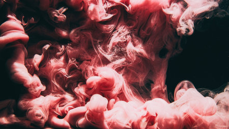 Color smoke. Paint splash. Ink water. Underwater explosion. Pink glowing vapor wave on dark black abstract art background with free space.の写真素材