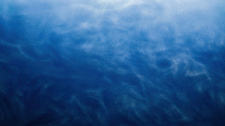 Glitter texture paint fluid. Ink water wave. Ocean flare. Blue color glowing shimmering smoke cloud floating abstract background with free space.の写真素材