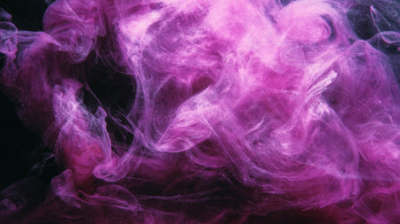 Glitter mist. Paint water splash. Magic spell. Bright pink purple color shiny smoke veil wave on black abstract art background with free space.の写真素材