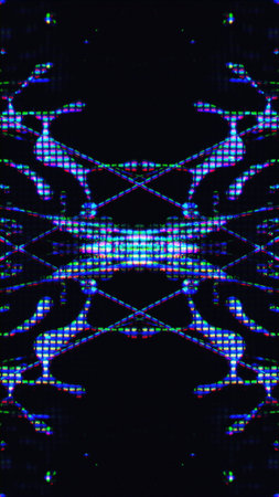 Glitch design. Digital art. Electronic fractal. Fluorescent purple blue color light liquid crystal pixel artifacts symmetrical pattern on dark black abstract illustration background.の写真素材