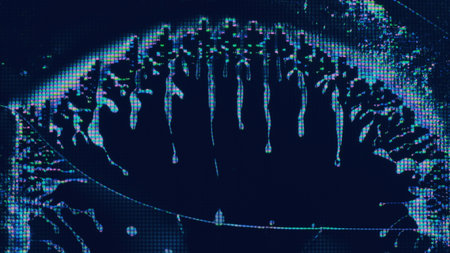 Digital splash. Glitch fluid. Pixel splatter. Iridescent blue pink color glow liquid crystal noise drip wave on dark abstract illustration background.の写真素材