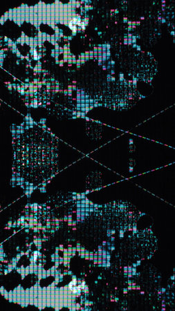 Digital art. Geometric glitch. Matrix artifacts. Blue pink color glowing pixel distortion noise on dark black futuristic abstract illustration background.の写真素材