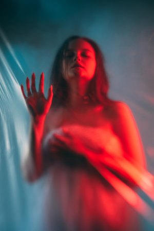 Mental disorder. Art portrait. Emotional crisis. Red blue color light defocused disturbed desperate woman silhouette touching transparent polyethylene plastic wall.の写真素材