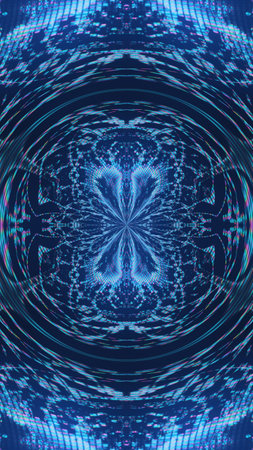 Futuristic glitch. Digital mosaic. Electronic mandala. Luminous blue pink color glow pixel texture artifacts circle pattern abstract art illustration background.の写真素材