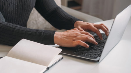 E-learning course. Remote study. Distance education. Unrecognizable man working online hands typing...