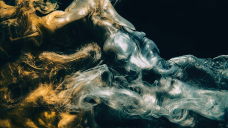 Color smoke. Ink water. Paint drop. Underwater mystery. Metallic gold silver blue glowing fluid splash cloud on dark black abstract art copy space background.の写真素材