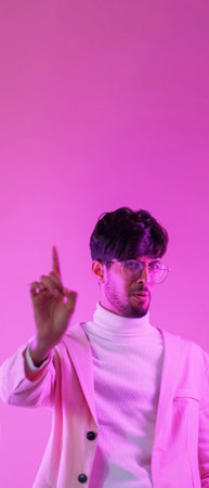 Warning no. Objection gesture. Disagreement disapproval. Pink color neon light skeptic concerned man...