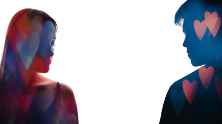 Romantic couple. Love affection. Dream relationship. Double exposure pink blue blur glowing hearts boyfriend girlfriend silhouettes on white empty space background.の写真素材