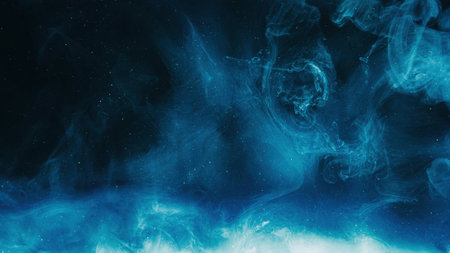 Glitter mist. Color cloud. Night sky. Blue shiny sparkling particles smoke floating on dark black abstract art background with copy space.の写真素材