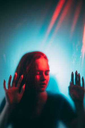 Woman crisis. Mental disorder. Red blue color light defocused exhausted desperate female silhouette trapped behind transparent wall.の写真素材